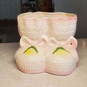 Vintage White Booties Planter with Pink Bows